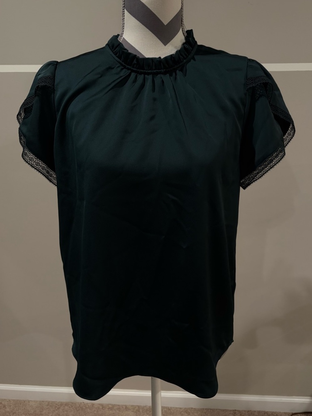 J. Crew Emerald Green Satin Ruffle Neck Blouse - Picture 2 of 5